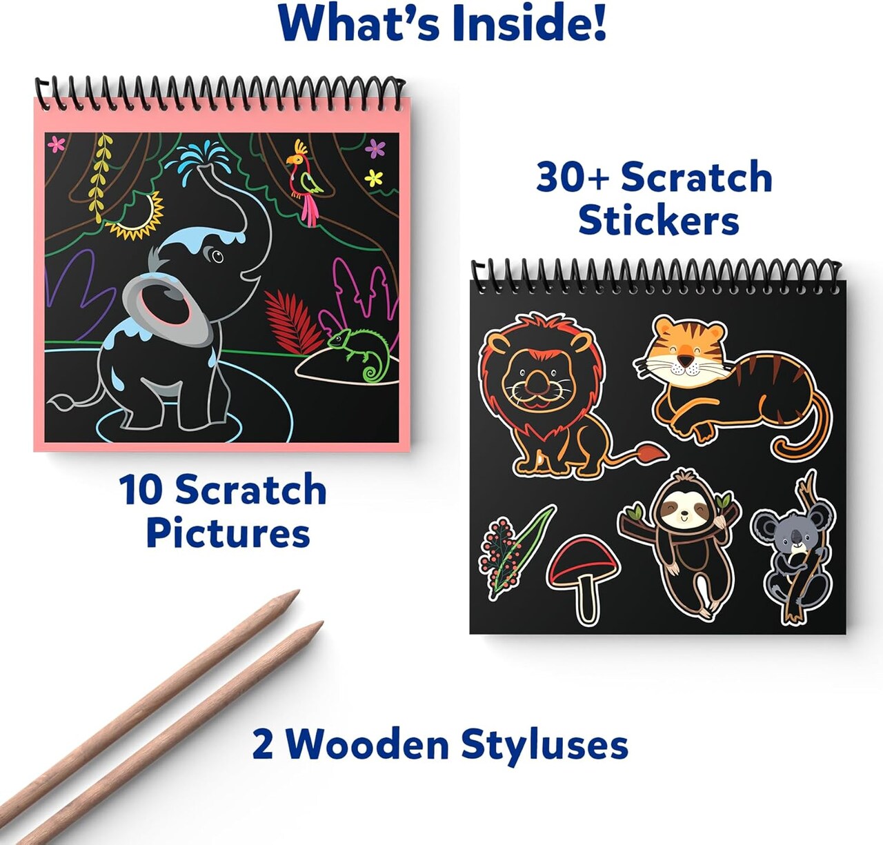 Scratch Art Book for Kids – Animals, 30+ Scratch Stickers, DIY Craft Kit for Boys & Girls Ages 3–8, Travel-Friendly Stocking Stuffer & Christmas Gift (Multicolor)